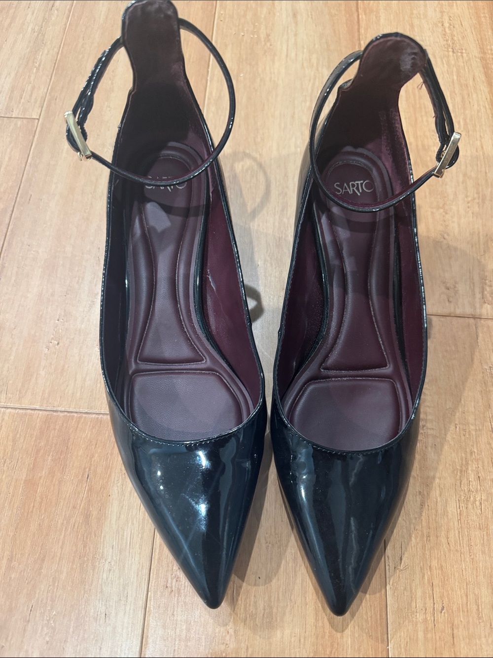 SARTO By Franco Sarto Black Patent Pointed-Toe Ankle-Strap Flats
